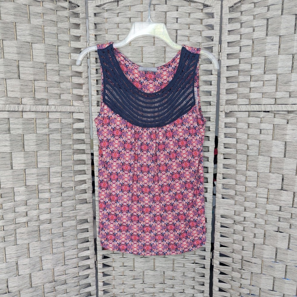 Floral Tank Top Pink Purple Crochet Yoke Sleeveless M Boho Relaxed Fit Feminine